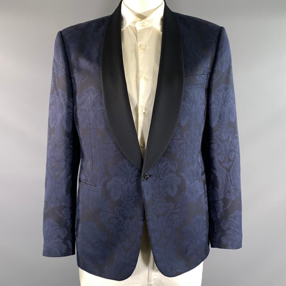 RALPH LAUREN Chest Size 46 Regular Navy Black Jacquard Cotton Silk Sport Coat
